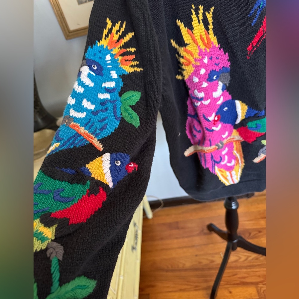 Vintage Quacker Factory Black Parrot Intarsia Cardigan with Multicolor Birds